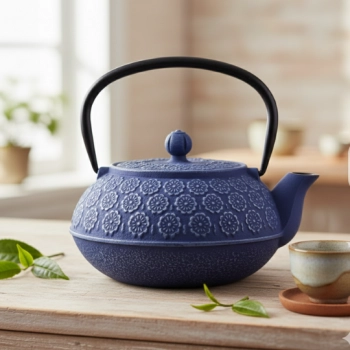 Żeliwny Imbryk, dzbanek 1000ml (niebieski z motywem kwiatu)